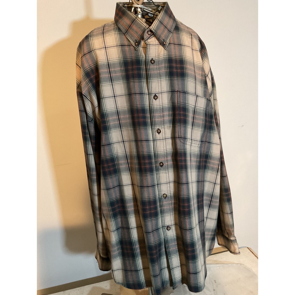 Knights of Round Table Mens XL Plaid Button Down‎ Shirt Tan Green Long Sleeve